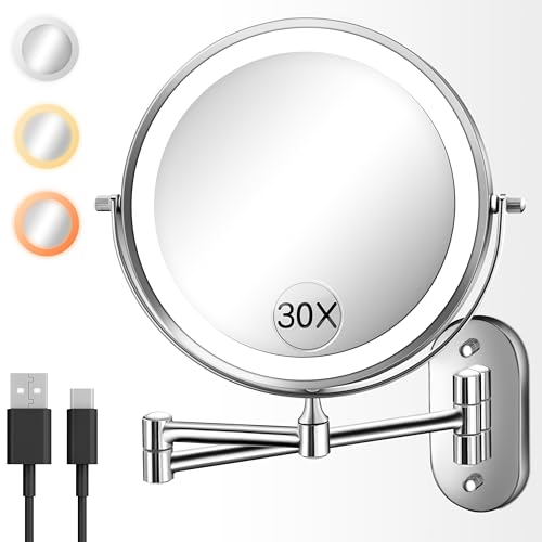 Wall Mounted Makeup Mirror with Light 30X/1X 8 Double Sided LED Magnifying Bathroom Lighted Vanity Mirror with Magnification 3 Color Light up Touch Dimmable Extended Arm 360 Rotation