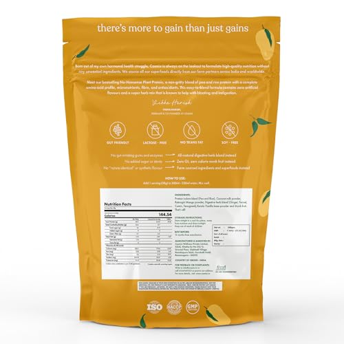 Image of Cosmix No Nonsense Plant Protein | Brown Rice & Pea Isolate | Easy Digestion | 24g Protein /serving | Gluten & Lactose Free Ratnagiri Mango, 500 g (Pack of 1)