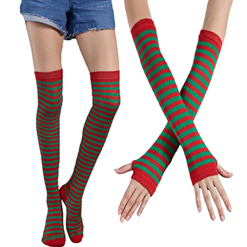 Women Colorful Thigh High Socks Arm Warmers Set Knit Over Knee Stockings
