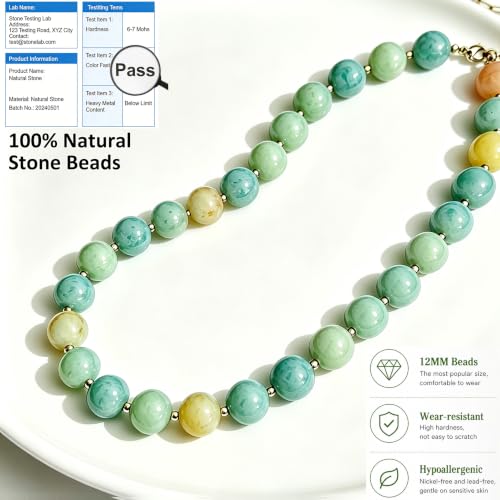 Image of GINAZL Natural Stone Beaded Choker Necklace for Women, Chunky Multicolor Gemstone Handmade Necklace, Boho 12MM Bead Summer Beach Jewelry Gifts for Women