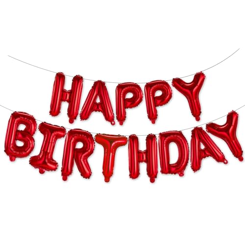 Image of Happy Birthday Balloons Banner Red 16 Inch Mylar Foil Letters | Inflatable Party Decor and Event Decorations for Kids and Adults | Reusable, Ecofriendly Fun