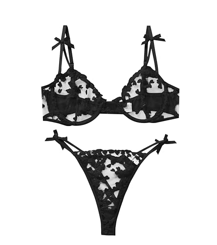 AnloveKiss Sexy Underwire Cute Push Up Strappy Embroidered Mesh Sheer Lingerie Set See Through Panty Bra (Black, M)