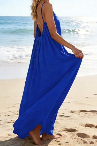 makabaky Sommerkleid Damen Lang Rückenfrei Spaghettiträger Strand Luftig – Ansicht 2