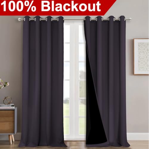 Image of NICETOWN Full Shading Curtains 90 inch Long 2 Panels Set for Windows, Greyish Purple, Pack of 2, 52 inch W, Super Heavy-Duty Black Lined Blackout Curtains for Bedroom, Privacy Assured Window Treatment