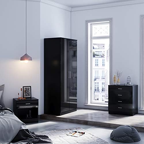 600mm Black Chest of Drawers for Bedroom Wardrobe and Hallway Storage Cabinet Set of 4 Metal Handle Draws High Gloss Organiser Funiture Units