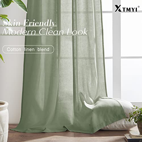Image of XTMYI Sage Green Sheer Curtains 63 Inch Length for Living Room,Boho Rod Pocket Light Filtering Linen Semi Transparent Bedroom Curtains Drapes 63 Inches Long 2 Panels Set for Bathroom Window Kitchen