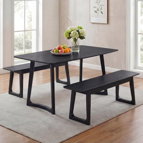 Image of HNY 63 inch Rectangular Wooden Dining Table with 2 Benches, Farmhouse Dining Table Set for 4-6 People, Kitchen Table with Bench, Kitchen Table Set for Dining Room /Restaurant, Black