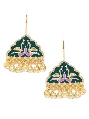 Image of Karatcart Silver Tone Diamond Shape Pink and Blue Carved Stone Studded Drop Earrings for Women