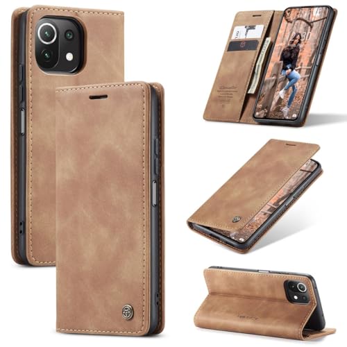 Étui portefeuille Xiaomi Mi 11 Lite marron avec support de visionnage horizontal