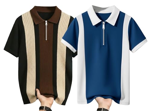 Image of AUSK Men's Textured Vertical Striped Knit Polo T-Shirt | Half Sleeve Zipper Neck Self-Design Casual Tee | Mens Tshirts