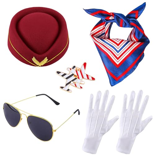 YouNuo 6Pcs Flight Attendant Costume Accessories Set - Womens Flight Attendant Hat Scarf Gloves Sunglasses & Pin Stewardess Outfits Accessories for Halloween Cosplay Party Dress Up Wine Red