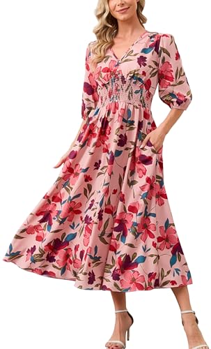 Image of Kormei Women Casual Boho V Neck 3 /4 Sleeve Smocked Waist A Line Flowy Swing Midi Dress Smocked Long Dress