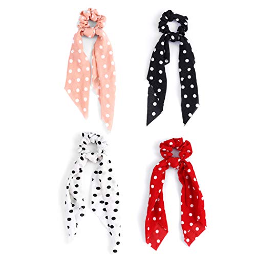 Kakaco Bow Hair Scrunchies Black Dot Elastic Hair Ties Bands Hair Scarf Chiffon Hair Ribbon Scrunchy Ponytail Holder for Women and Girls(Pack of 4) (Style D)