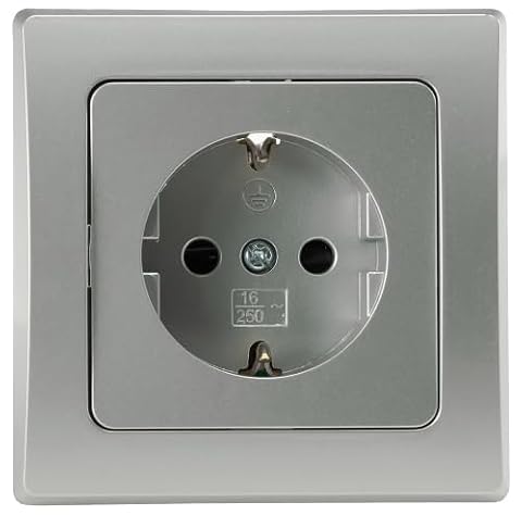 DELPHI gniazdko podtynkowe, 250 V, 16 A, gniazdko z zestykiem ochronnym z zaciskiem wtykowym, 1-krotna wkładka ramowa, 55 x 55 mm, srebrno-szare