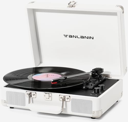 Record Player with Built-in Stereo Speakers 3-Speed Bluetooth Portable Suitcase Vinyl Record Player Treble & Bass Gain Belt Drive Vintage Turntable AUX Line-in/Out, White
