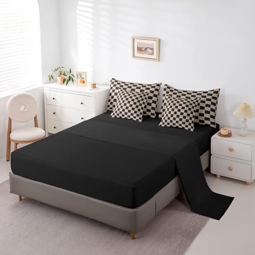Image of Erosebridal Geometric Plaid King Comforter Set 7 Piece Beige Black Brown Checkerboard Bed in A Bag with Sheets Checkered Grid Bedding Set for Kids Boys Men,Modern Aesthetic Bed Set