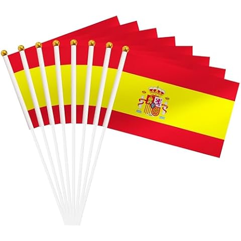 25 Pack Spain Hand Held Flag, Spanish Small Mini Stick Flag, National Country Flag, Outdoor Decoration, Party Decorations, Festival Events, Celebration, International Festival, Supplies For Parades (Spain) Cover