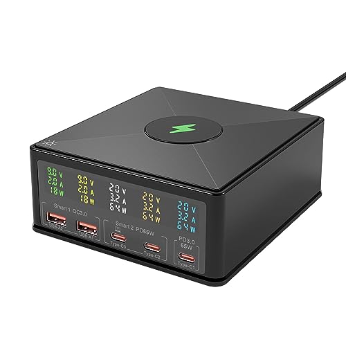 USB Charger Station Multi Port: Desktop 160W Power Fast Charging Hub Wall Block PD 3.0 – 5 Ports with Wireless Pad & Digital Display