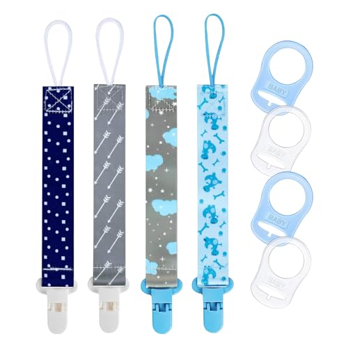 WEDAWIN 4 Piezas Cadena Chupete Bebe, Chupetero con Broche de Plástico y Adaptador de Silicona, Juguete para Bebés, Sujeta Chupetes, Correa Chupete con Cordón (Azul)