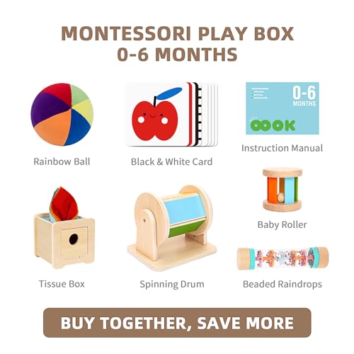 TOOKYLAND Montessori Toys for Babies 0-6 Months, 6 in 1 Learning Educational Set Newborn Toys Including Sensory Ball, Rain Stick, Baby Roller, Spinning Drum, Black and White Cards, Tissue Box - Thumbnail 5