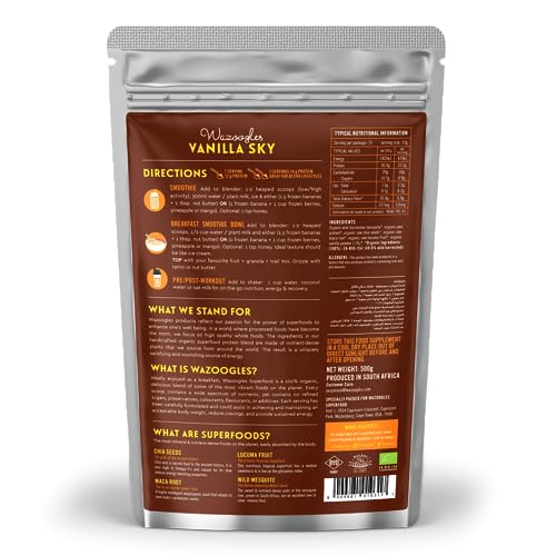 Wazoogles Superfood Protein Smoothie Blend – Vanilla Sky, 500g | Clean Ingredients | Gluten Free | No Added Sugar | 12g Protein Per Serving | Sustainably Sourced| Plant Based Protein