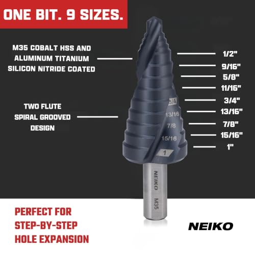 Image of NEIKO 10623B Step Drill Bit, 9 Steps 1 /2 inch to 1 inch Spiral M35 Cobalt, AlTiSiN Coated, 3 /8 inch Tri-Flat Step Bits for Steel, Metal, Wood, Plastic, Unibit Cone Drill Bits, Two Flute