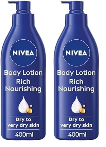 NIVEA Rich Nourishing Body Lotion (400ml), NIVEA Moisturiser for Dry Skin Made with Deep Moisture Serum, Natural Almond Oil, and Vitamin E, Smooth Skin NIVEA Body Lotion (Pack of 2)