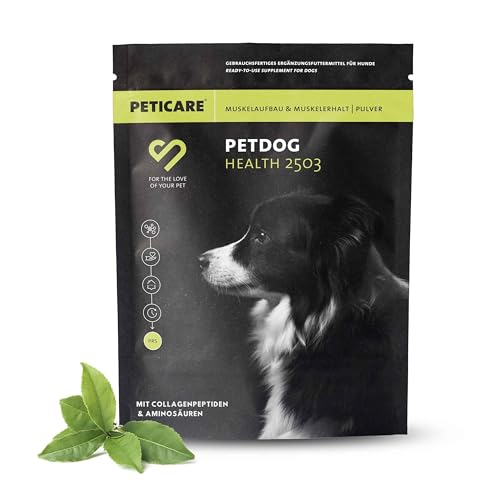 Peticare polvo muscular para perros | Mantenimiento y construcción | Con aminoácidos esenciales, colágeno | Alivia las articulaciones y las caderas | Alimento complementario natural - petDog Health