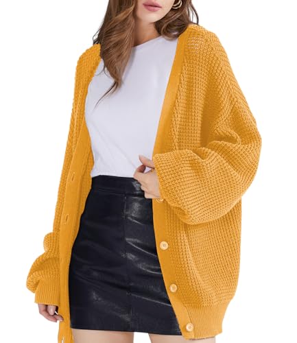 Image of QUALFORT Women's Oversized 100% Cotton Cardigan Sweater | Long Sleeve V Neck Button Down Open Front Knit Outerwear
