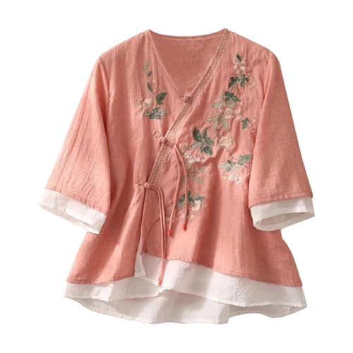Blouse femme coton lin col en v broderies florales d'été