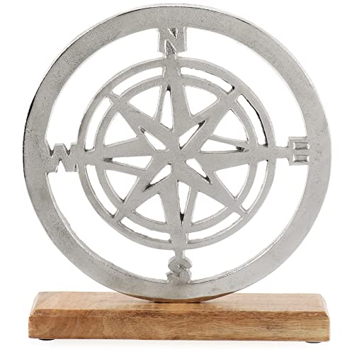 com four® rosa dei venti premium in metallo su base in legno di mango, decorazione marina da appoggio (marrone/argento - rosa dei venti)