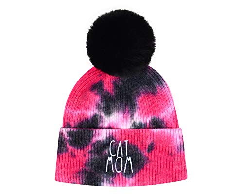 Hatphile Cat Mom Faux Fur Pompom Knit Beanie (Cat Mom Pink Black Tie Dye)
