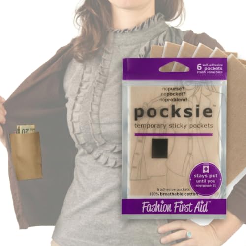 Image of Fashion First Aid Pocksie Temporary Sticky Pockets (Beige - 6 Pack) - Hands-Free Hidden Storage for Leggings, Jackets & Pocketless Clothing - Cotton Adhesive Pockets for Cards & Money (4.1 inch x 3.3 inch)