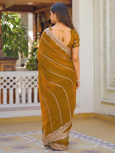 Image of Satrani Women's Shimmer Chiffon Scalloped Border Sequins Embroidery Saree with Unstitched Blouse Piece