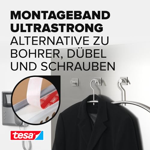 tesa Powerbond ULTRA STRONG - Doppelseitiges, extra starkes Montageband zur permanenten Befestigung im Außen- und Innenbereich - 1,5 m