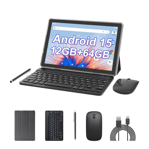 Image of Android 15 Tablet 10 inch, 2 in1 Tablets with Keyboard Case Mouse Stylus, 12GB RAM 64GB ROM 1TB Expand, Quad-Core Processor Tablet PC, 5G WiFi6, BT5.0, 6000mAh, 1280*800 IPS Screen, Widevine L1, Black