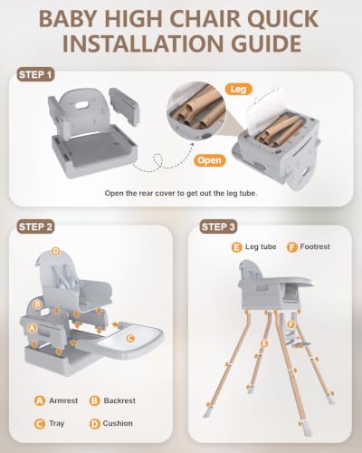 Image of Baby High Chair for 6 Months+, Foldable High Chairs for Babies and Toddlers, Convertible High Chair, Adjustable Tray & Footrest, Portable High Chair & Easy to Clean(Grey with Wood Grain)