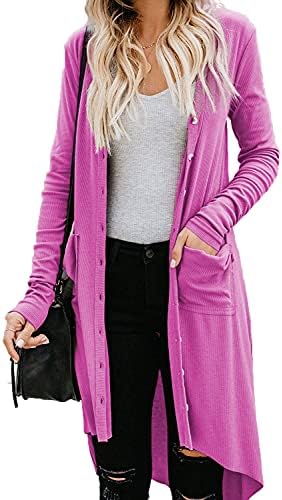 Naggoo Women's Long Cardigans Button Down High Low Solid Knit Loose Cardigans with Pockets Hot-Pink