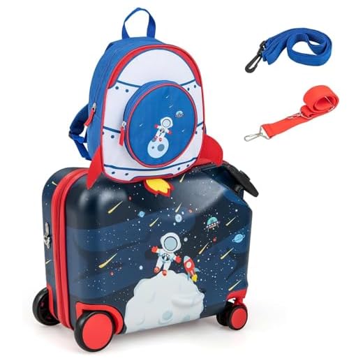 MonTravel Valigia Trolley Cavalcabile per Bambini con Asta Telescopica Poggiapiedi e Zainetto Omaggio Bagaglio a Mano Rigido 47x26,5x36,5 cm Set da Viaggio Bimbi Fantasia Spaceman