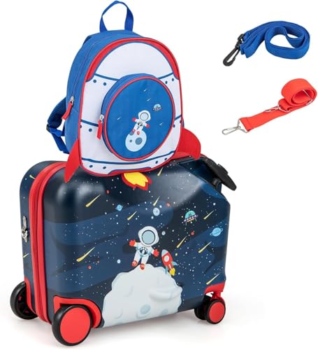 MonTravel Valigia Trolley Cavalcabile per Bambini con Asta Telescopica Poggiapiedi e Zainetto Omaggio Bagaglio a Mano Rigido 47x26,5x36,5 cm Set da Viaggio Bimbi Fantasia Spaceman