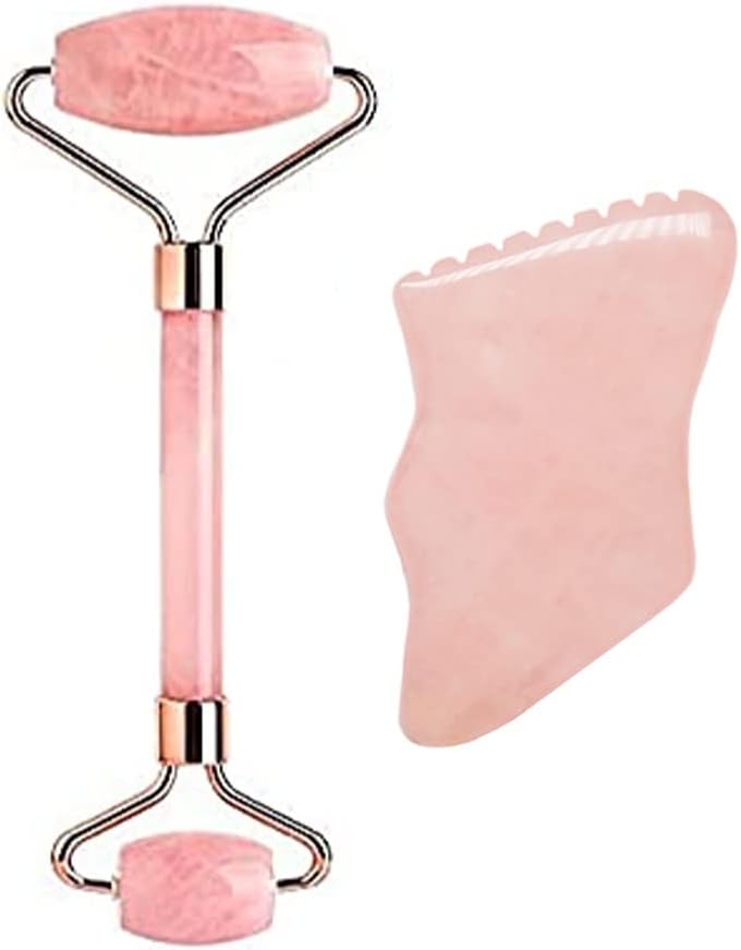 Getmecraft Rose Quartz Face Roller and Rose Quartz Gua Sha with Teeth Shape Sides and Ridges Massage Tool Set Massager For Face, Neck, Dark Circles and Under Eye Treatment