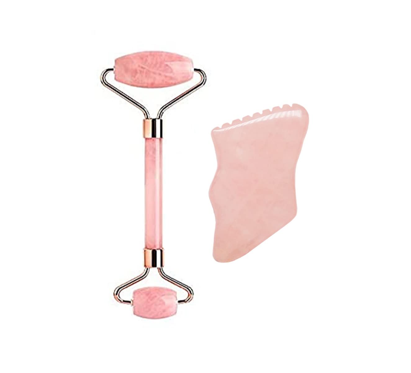 Getmecraft Rose Quartz Face Roller and Rose Quartz Gua Sha with Teeth Shape Sides and Ridges Massage Tool Set Massager For Face, Neck, Dark Circles and Under Eye Treatment
