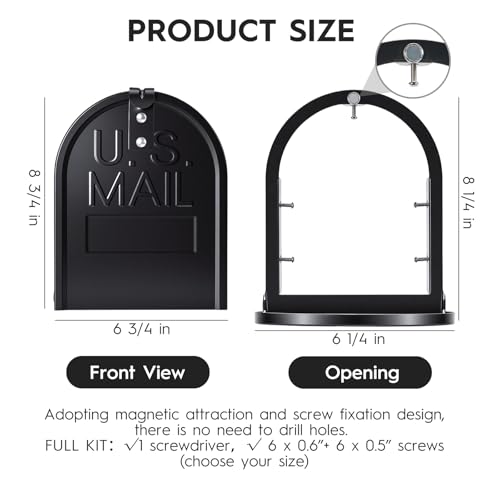 Mailbox Door Replacement with Number Stickers, 6 1/4\" W x 8 1/4\" H Steel Snap-in Door, Magnetic Closure, Screws Included, Fits Curbside & Brick Mailboxes - Repair Kit for Rusted Mailbox, Black