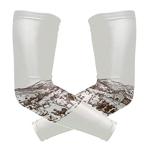 Retro Hand Drawn Farm View Animals Cow Pig Rooster Sheep Ducks 1 Pair Cooling Sports Arm Sleeves, Cover Uv Sun Protection Warmer for Sports Men Women Running Golf Cycling Riding Jogging