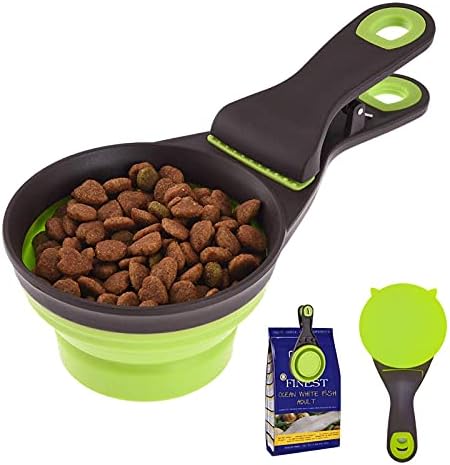 3-In-1 Dog Food Scoop with Bag Clip and Measuring Cup, Collapsible Pet Food Scoop for Cats, Dogs, and Small Pets – Cat Food Scoop Dog Food Scooper for Containers Green 1 Cup