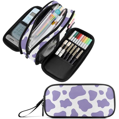 Image of Fustylead Purple Cow Print Large Pencil Bag Storage Pen Case Makeup Pouch Stationery Bag for School College Office Organizer