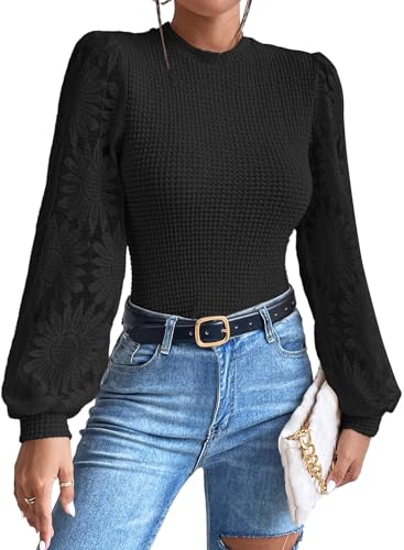 Image of BLENCOT Womens Casual Crochet Top Mesh Lace Long Sleeve Shirts Waffle Knit Blouse Crewneck Shirt Fall Womens Tops Pullover