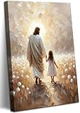 Jesus and Girl Wall Art Christian Kids Room Painting Wall Decor Jesus Walking with Girl Picture Prints Christian Religious Poster I Will Walk With Christ Canvas Artwork for Kids Room Church 12X16 Inch