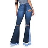 Maiyifu-GJ Women's Patchwork Ripped Flare Jeans Retro High Waisted Bell Bottom Denim Pants Destroyed Raw Hem Jean Trousers (Dark Blue,XX-Large)