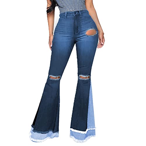 Maiyifu-GJ Women's Patchwork Ripped Flare Jeans Retro High Waisted Bell Bottom Denim Pants Destroyed Raw Hem Jean Trousers (Dark Blue,XX-Large)